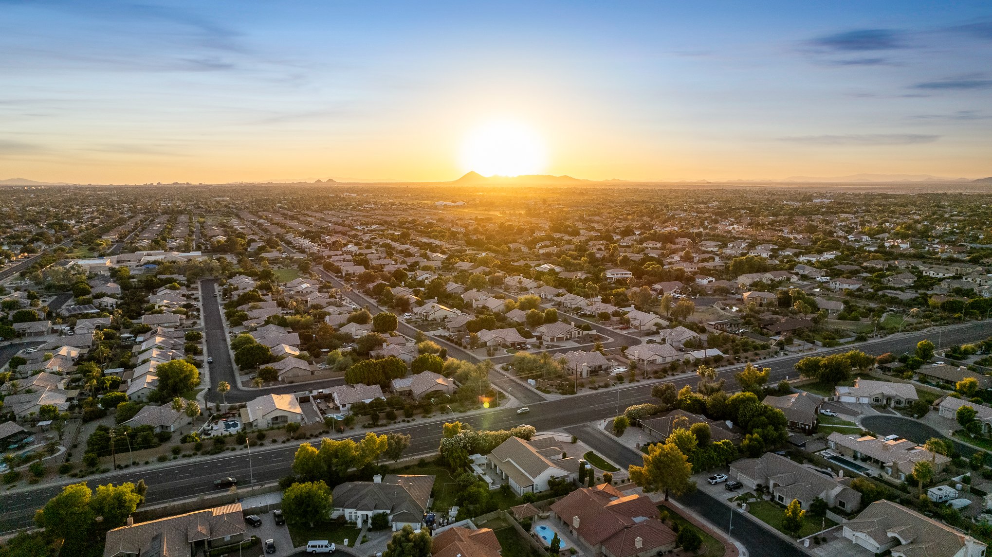 Golden Hour Aerial Neighborhood — Aerial Photography + Color Grade | Real Estate Photo Editing by Mast Creations